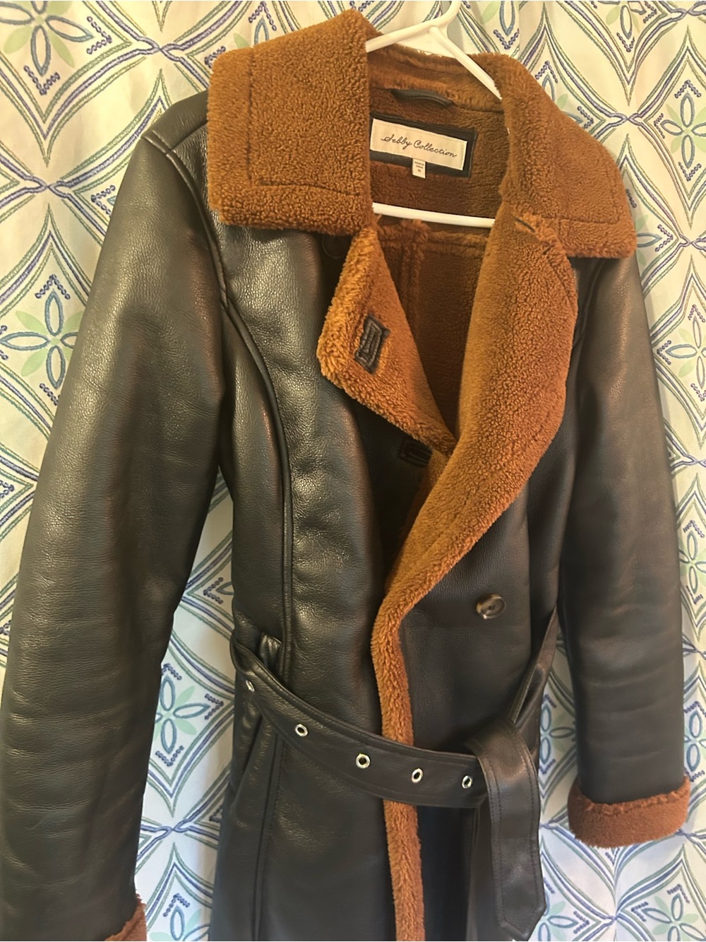 SEBBY Faux Leather Shearling-Trim Coat with Tan Lining, Belted, Double Breasted